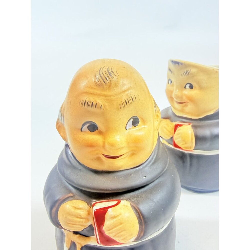 Creamer and Sugar Set Friar Tuck Monks Bowl Pitcher Porcelain Ceramic Apco Vinta - Picture 10 of 14